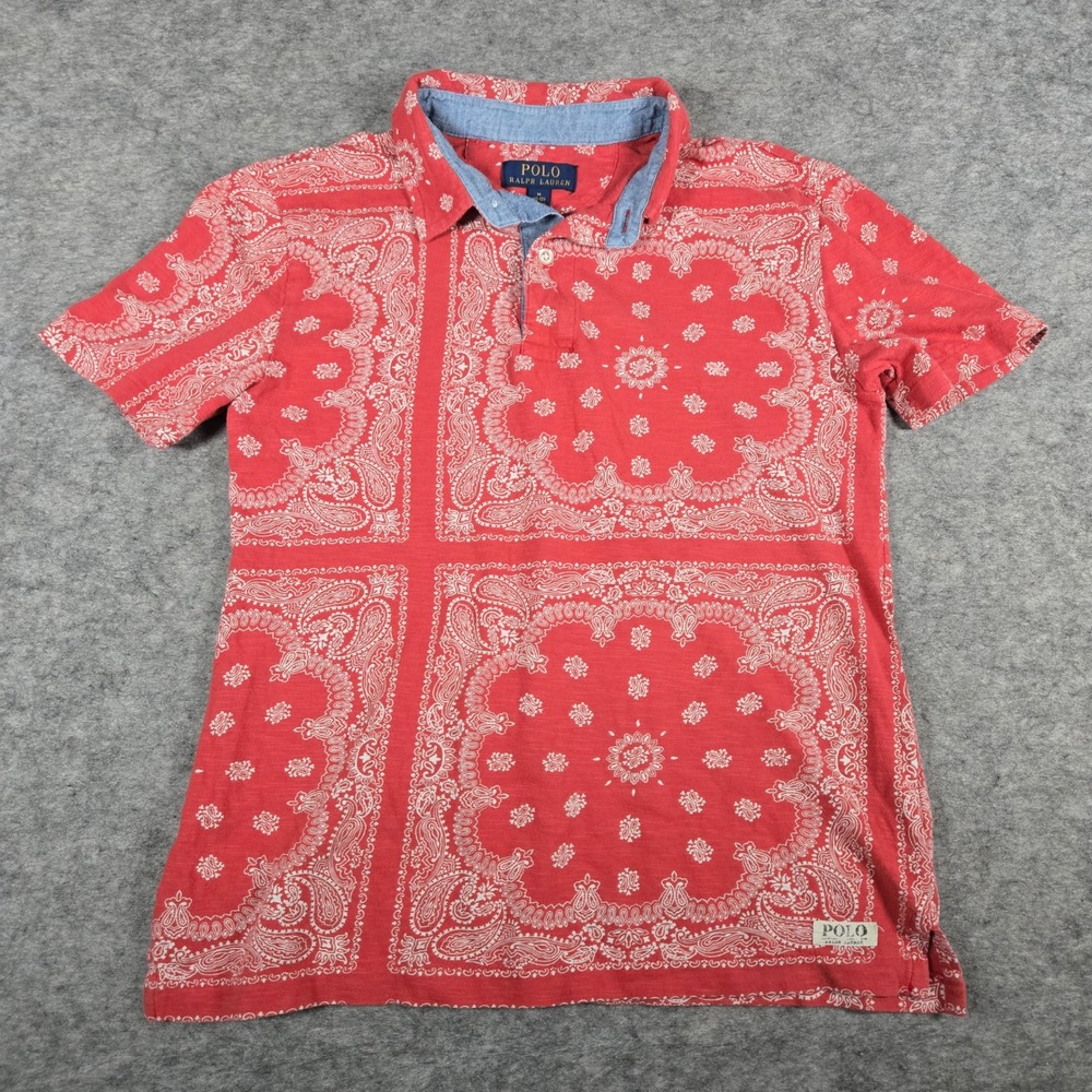 Polo Ralph Lauren Boys Red Bandana Paisley Slub Jersey Polo Shirt Size M 10-12